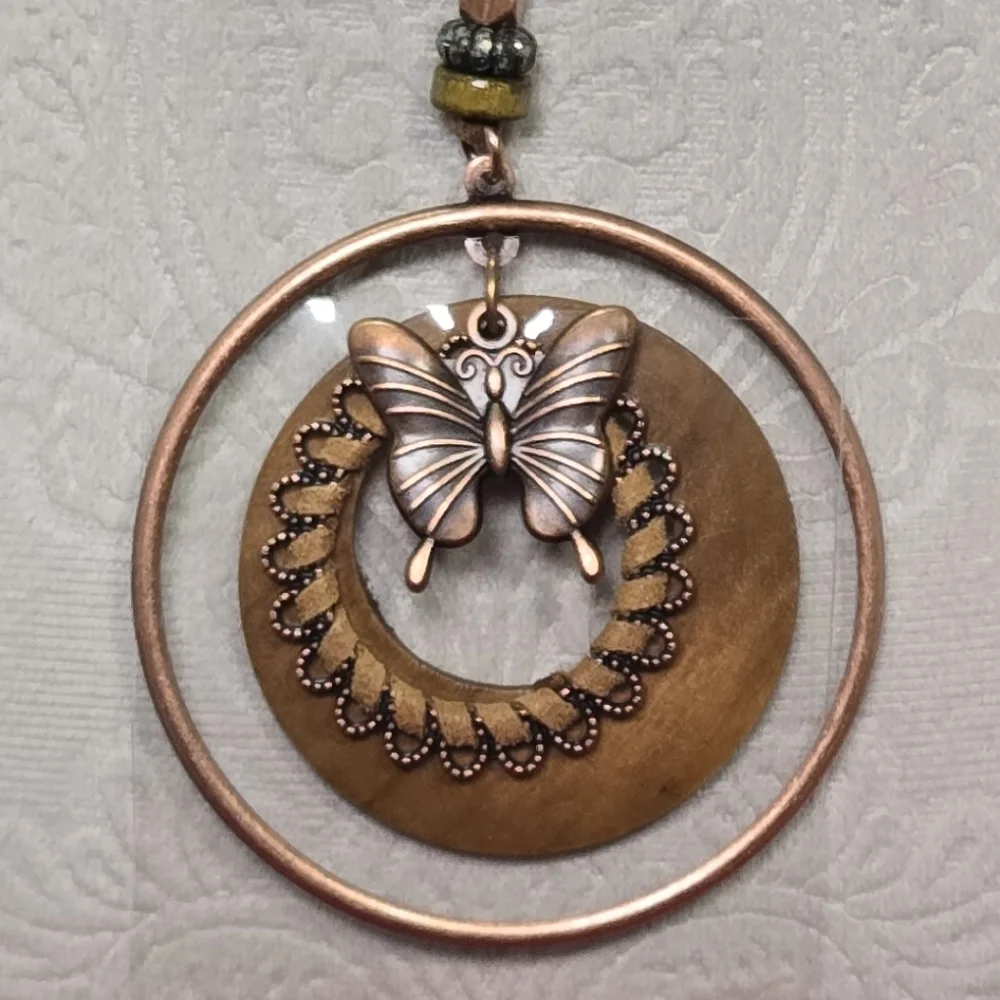 Boho Butterfly Pendant Long Necklace Copper Wood Medallion NWT Suede Jewelry